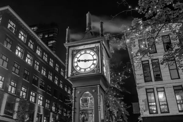 Velho Relógio Vapor Histórico Bairro Gastown Vancouver Noite Canadá — Fotografia de Stock