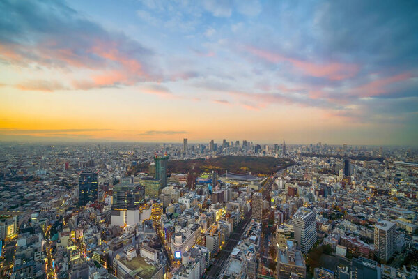 Top view of Tokyo city skyline (Shinjuku and Shibuya) area with beautiful sunset in Japan