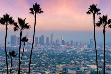 Kaliforniya, ABD 'de Los Angeles şehir merkezinin güzel günbatımı.