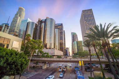 Kaliforniya, ABD 'de Los Angeles şehir merkezinin güzel günbatımı.