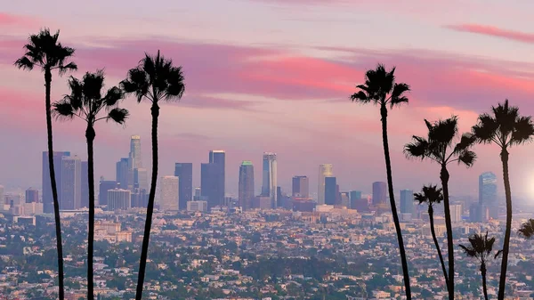 Hermosa Puesta Sol Del Horizonte Del Centro Los Ángeles — Foto de Stock