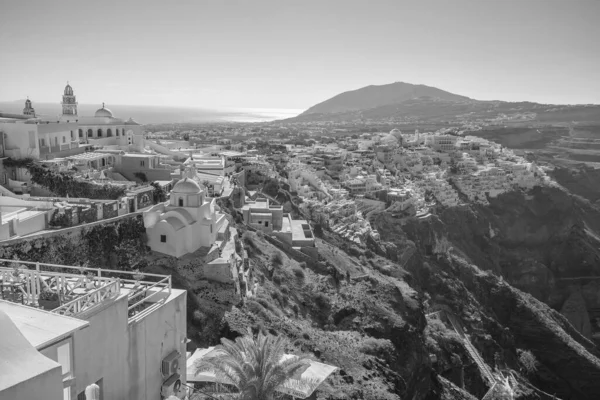 Miejski Krajobraz Fira Wyspie Santorini Grecji Morze Egejskie Czerni Bieli — Zdjęcie stockowe