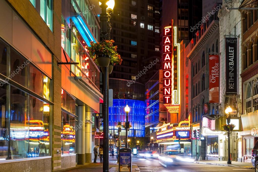 BOSTON- MAY 30: The main Washington Street in downtown Boston at night on May 30, 2014, Washington Street as the first street that connected peninsular Boston to the mainland.