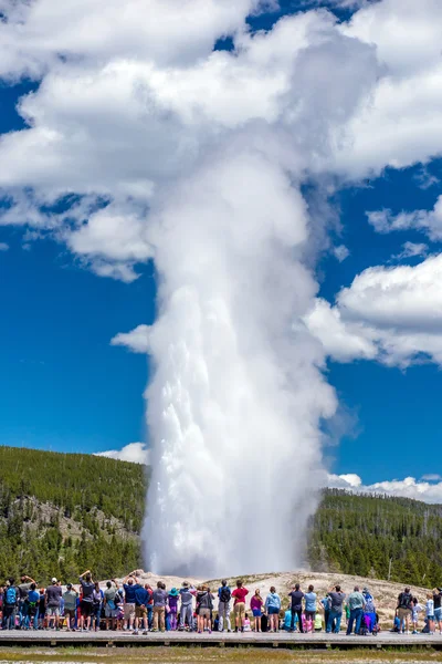 Turistas observando o Velho Fiel em erupção em Yellowstone Natio — Fotografia de Stock