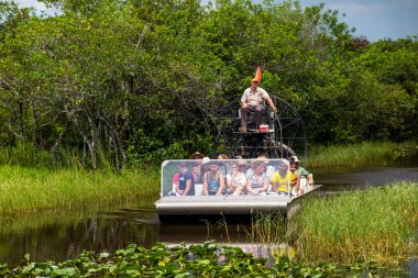 tourists riding an airboat in the Everglades 