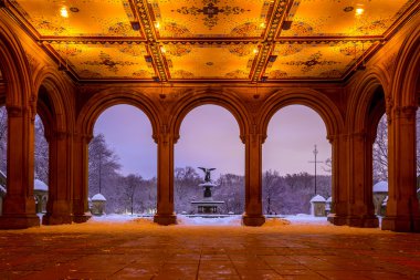 Bethesda çeşme Central Park New York kar fırtınası sonra 