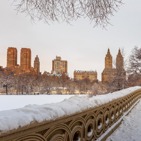 Central Park - New York City bow bridge after snow storm Linus at twilight