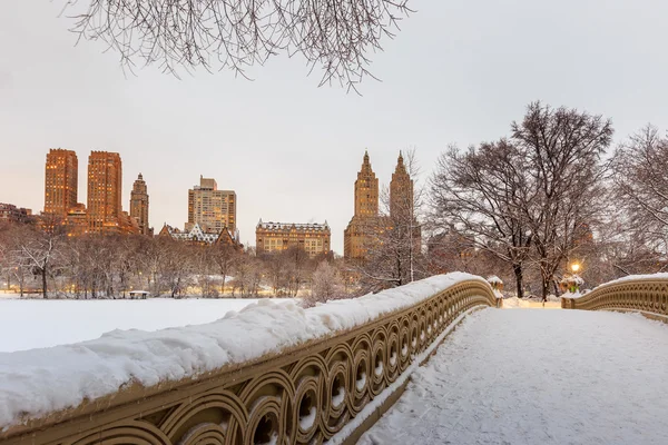 Central Park - Puente de proa de la ciudad de Nueva York tras tormenta de nieve — Foto de Stock