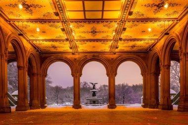 Bethesda çeşme Central Park New York kar fırtınası sonra 