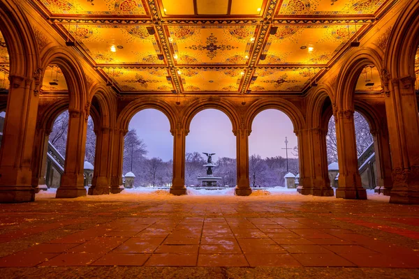 Betesda-Brunnen im Central Park New York nach Schneesturm — Stockfoto