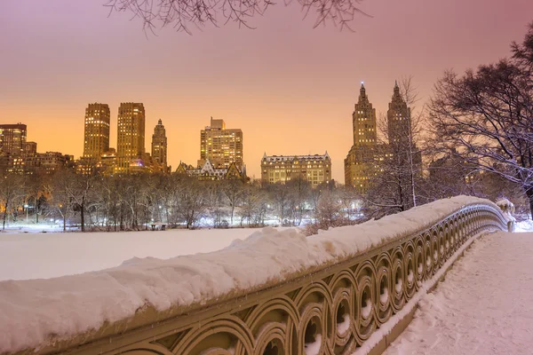 Central Park - New York City Bugbrücke nach Schneesturm — Stockfoto