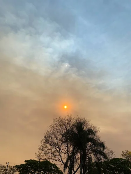 The blue sky and the sun covered by the smoke from the fires.