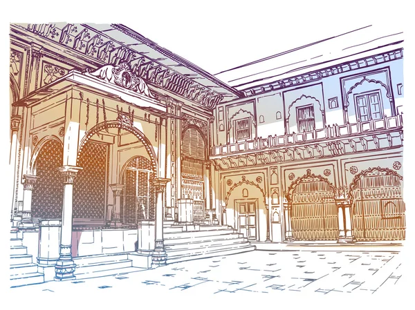 Patio en templo indio en Vrindavan . — Vector de stock