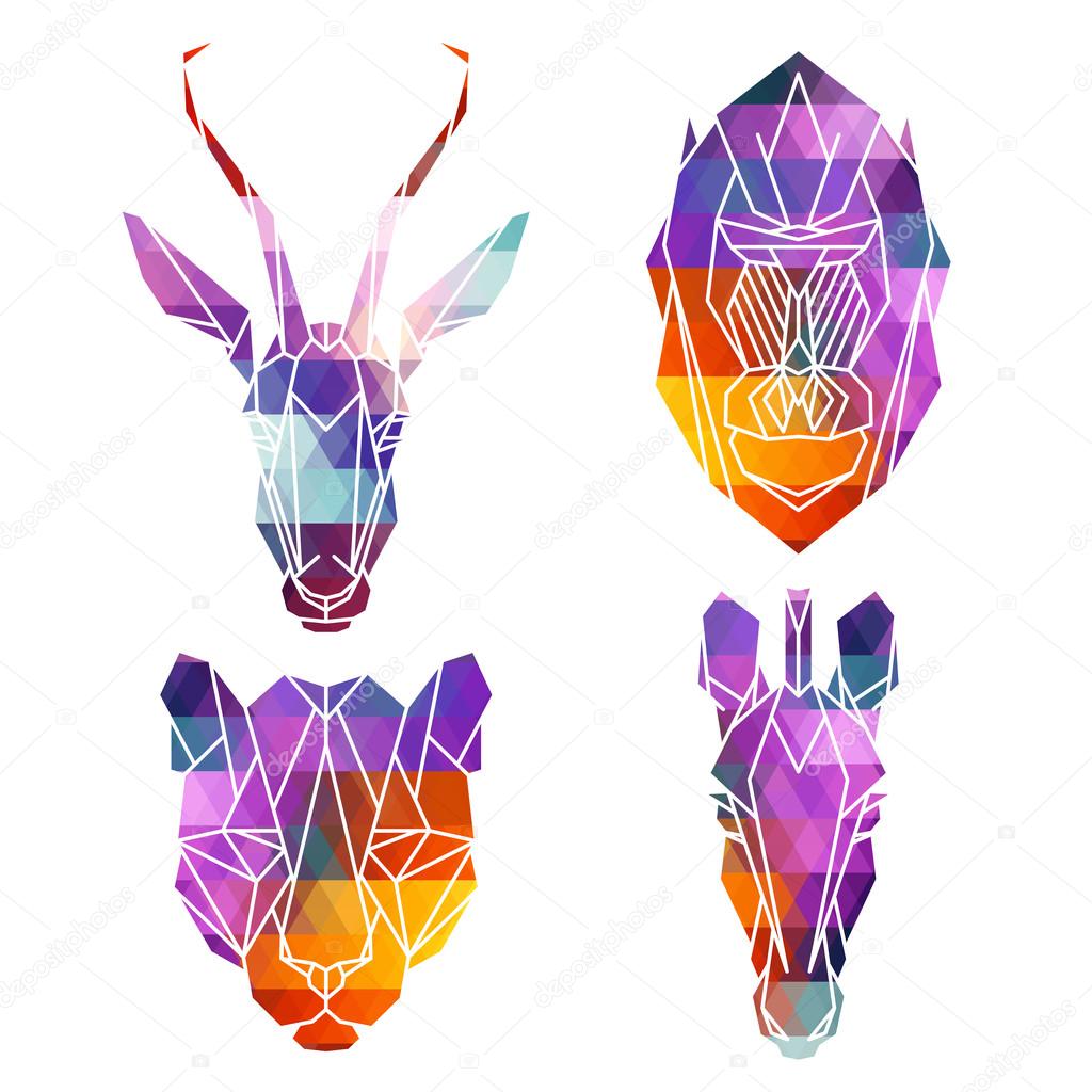 Bright african animals icons, vector icon set. Abstract triangular style