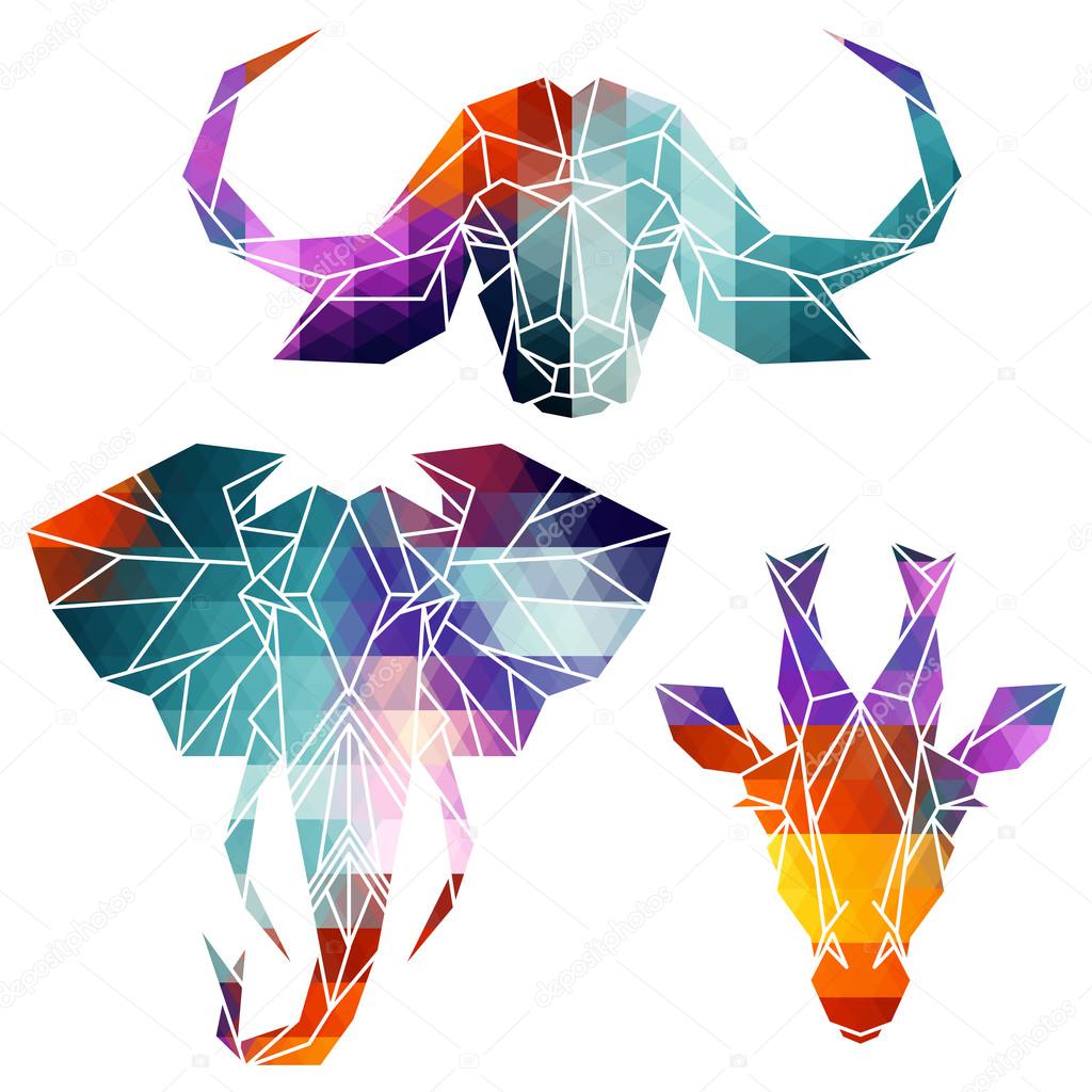 Bright african animals icons, vector icon set. Abstract triangular style