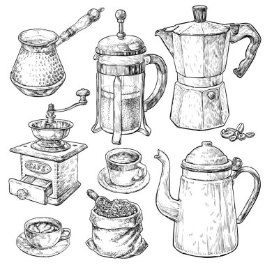 Retro tarzı kahve seti. Oyma biçiminde el çizimi vintage vektör ögeleri