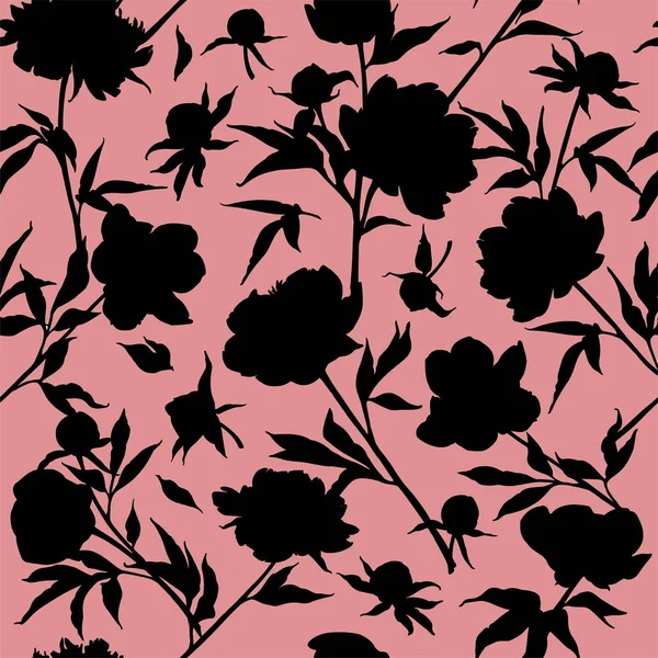 粉红背景的黑色牡丹轮廓无缝图案 — 图库矢量图片#