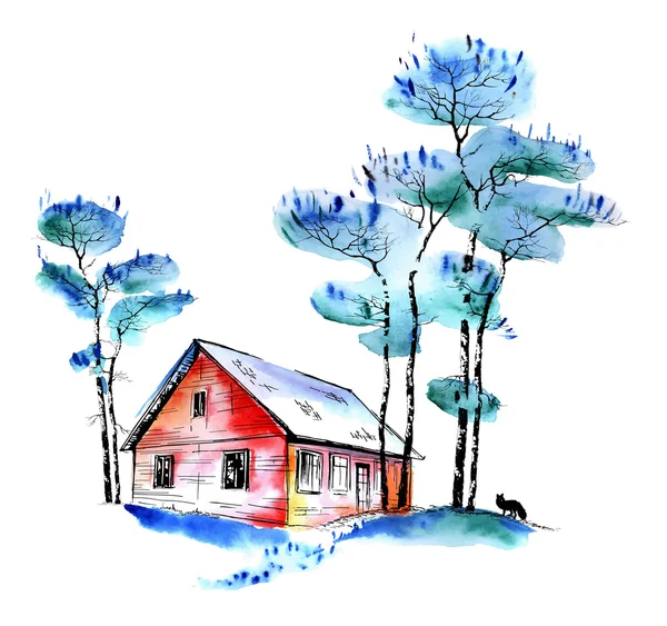 Pin aquarelle et maison — Image vectorielle