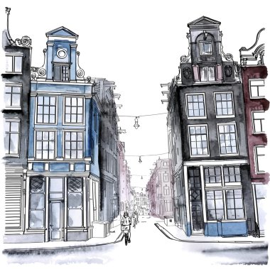 Amsterdam sokak. Suluboya stili.