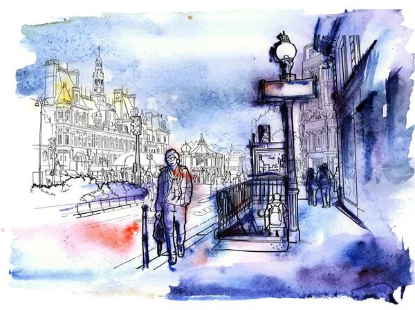 Aquarell-Illustration der Straße in Paris. — Stockvektor