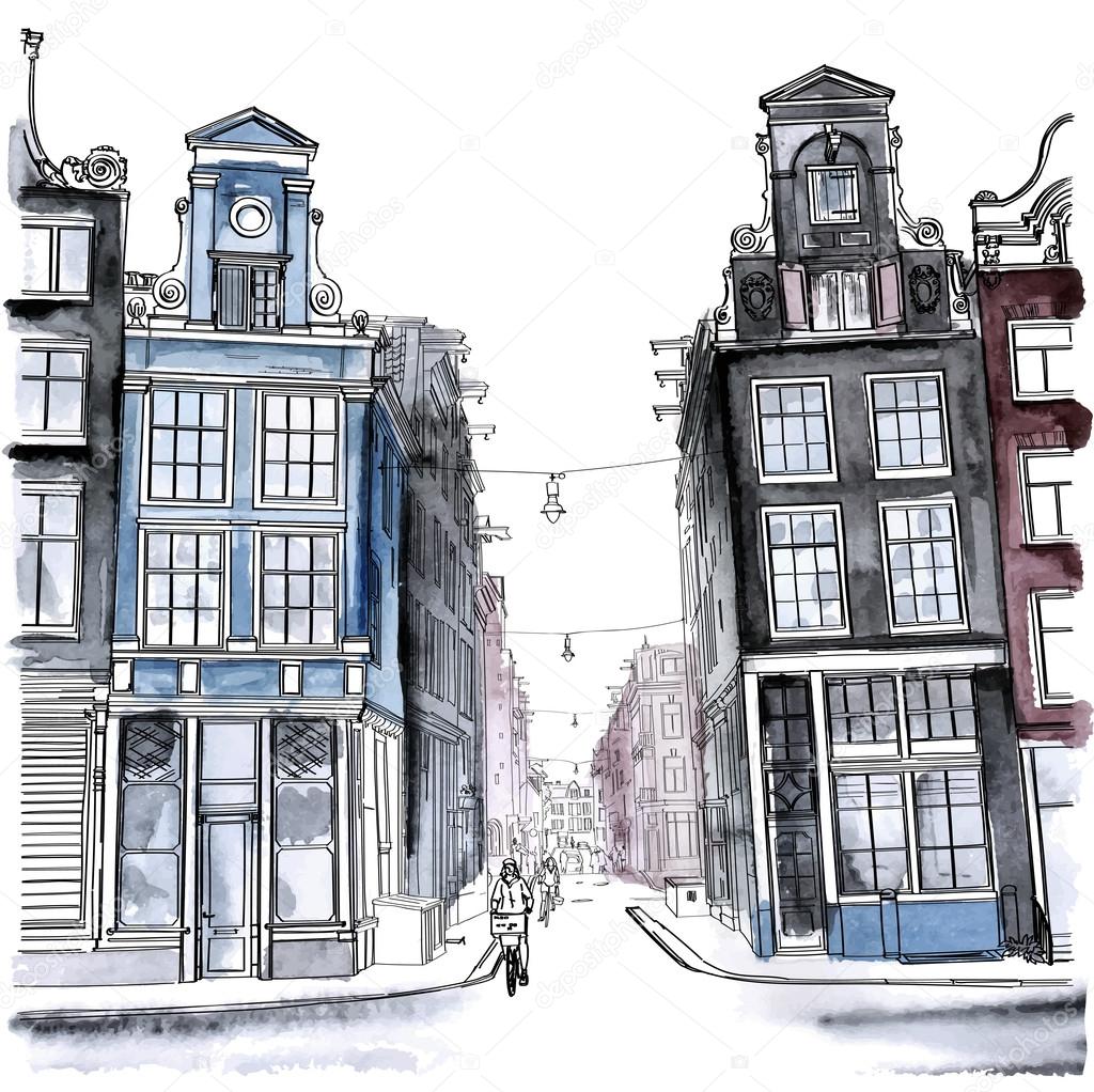 Amsterdam street. Watercolor style.