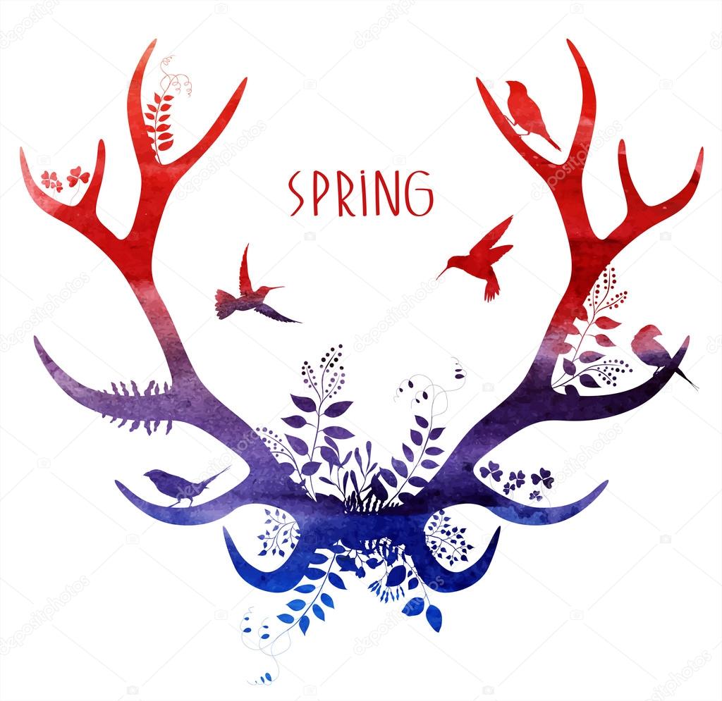 Spring deer. watercolor silhouette.