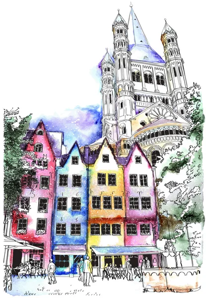 Casas históricas en Colonia — Vector de stock