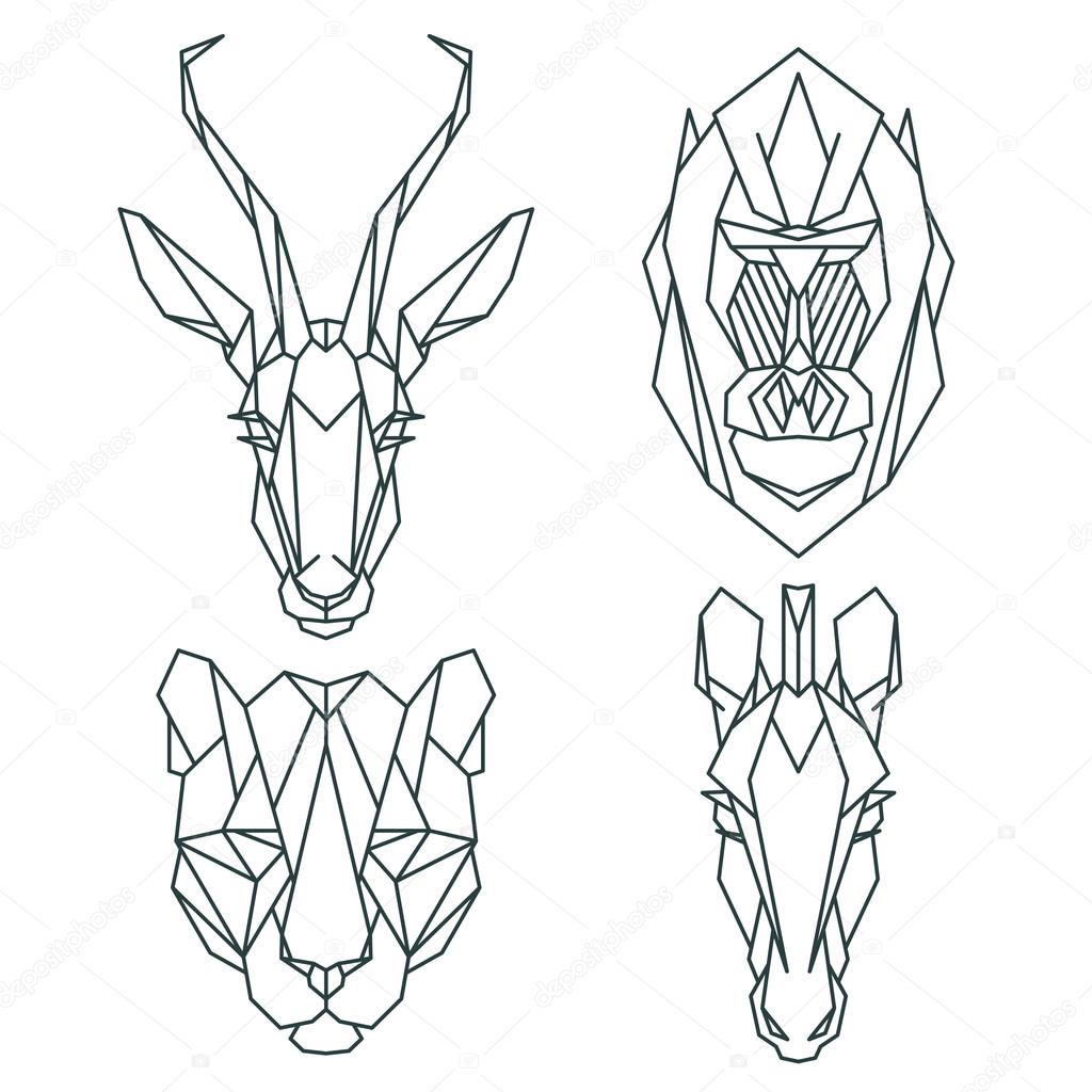 African animal icons, vector set. Abstract triangular style