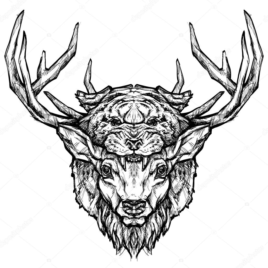 Deer and tiger head tattoo.