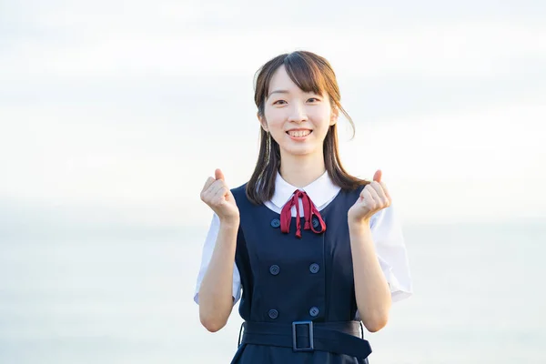 Aziatisch Vrouw Middelbare School Student Een Juichende Pose — Stockfoto