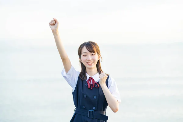 Aziatisch Vrouw Middelbare School Student Een Juichende Pose — Stockfoto
