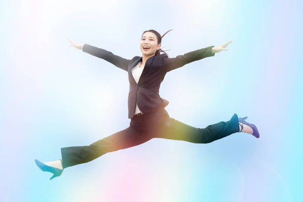 Young Business Woman Suit Jumping Smile — Stock Photo, Image