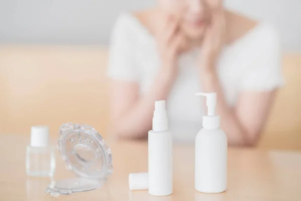 Asian Woman Touching Checking Her Skin Room — Stock Photo, Image