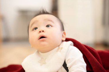 Odanın ahşap zemininde emekleyen Japon bebek.