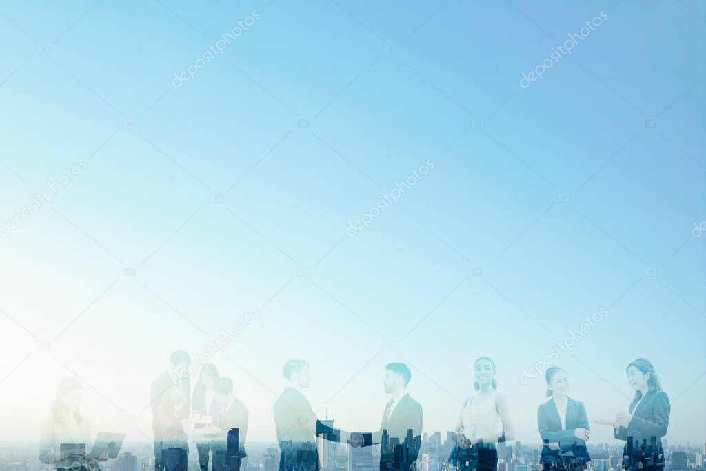 Composite photo of various businessmen and view of Tokyo