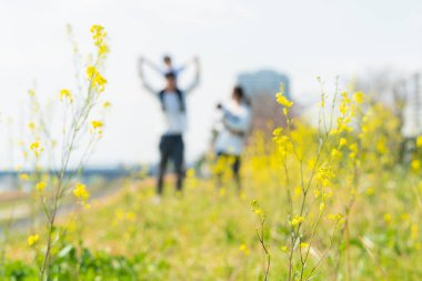 Ailelerin ve çocukların tarlada sırıtarak yürüdükleri odaksız bir çekim.