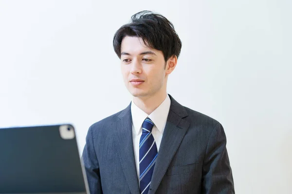 Asian Man Suit Attending Online Interview Meeting Tense Look — Stock Photo, Image