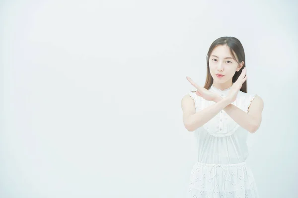 Asian Young Woman Doing Cross Hand Sign Both Hands — Stock Photo, Image