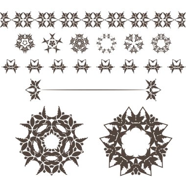 Vektör soyut çiçek ve dairesel desenler ve Kenarlıklar kümesi. Mandalalar. Japon Amblemler. Çiçekler. Mühür.