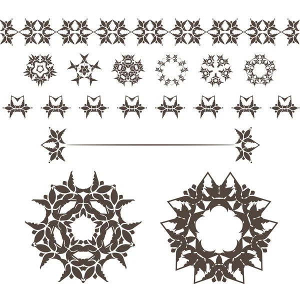 Ensemble vectoriel de motifs et de bordures abstraits floraux et circulaires. Mandalas. Emblèmes japonais. Des fleurs. Scellé . — Image vectorielle