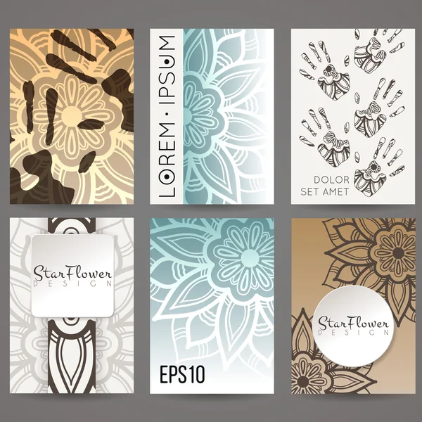 Set of vector design templates. Brochures in random colorful style. Vintage frames and backgrounds. Flower, mandala design. — Stock Vector