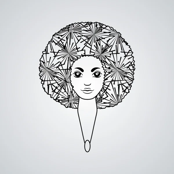 Retrato de uma mulher com cabelo luxuoso no estilo de um africano. Vector. Os padrões no cabelo . — Vetor de Stock