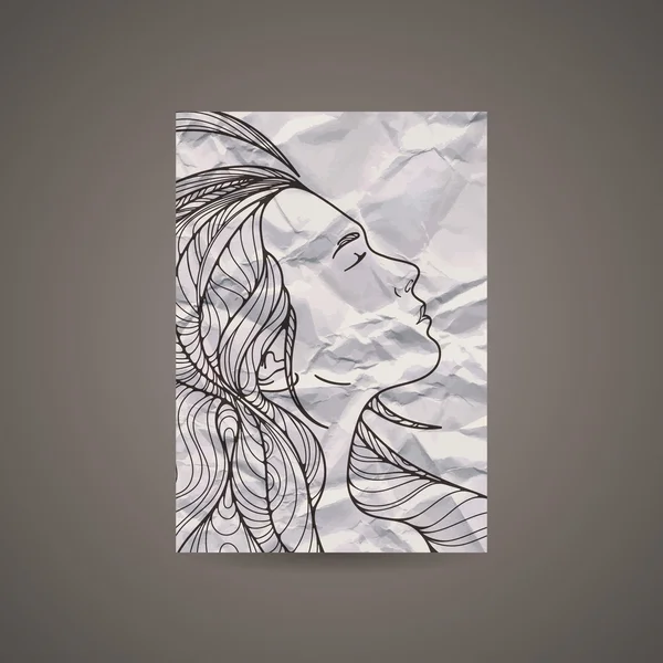 Plantilla de diseño vectorial con hermosa cabeza de niña en papel arrugado. Folleto y antecedentes. Blanco y negro . — Vector de stock