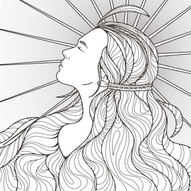 Profil kadar kibirli girift kıvrılmış saçlı güzel bir kız. Siyah ve beyaz.