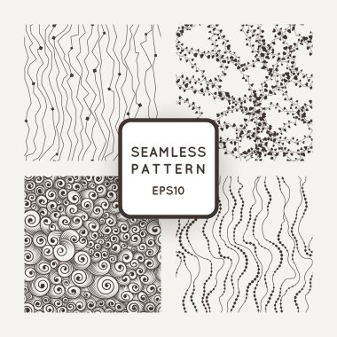 Vektör dikişsiz desenler kümesi: boncuklu eğriler, kalpli iplikler, dalga tarzında bukleler