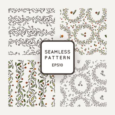 Set of vector seamless patterns of stylized branches with leaves and cherries, wreaths