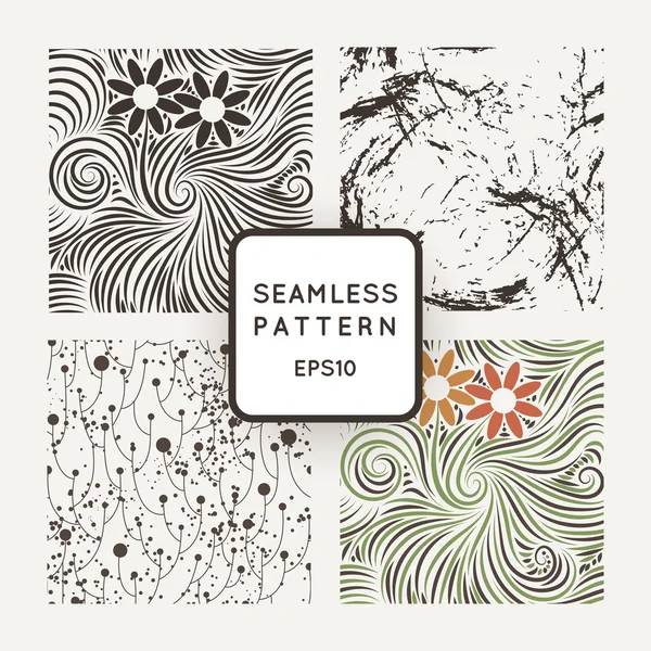 Set of vector seamless patterns with grungy hand-drawn elements, flowers and branches — Διανυσματικό Αρχείο