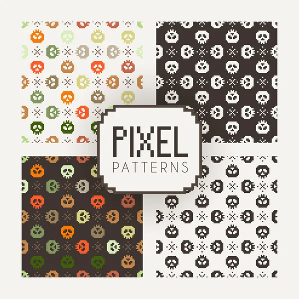 Set of vector seamless colorful and monochrome patterns of pixel skulls