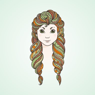 Örgüler ve sert bir göz ile şirin bir uzun saçlı kız portresi