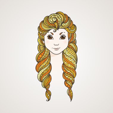 Örgüler ve sert bir göz ile şirin bir uzun saçlı kız portresi